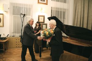 1194th Liszt Evening, Music and Literature Club in Wroclaw 25th Feb 2016.  <br>Ryszard Sławczynski -  the Director of the Music and Literature Club thanks Juliusz Adamowski. Photo by Stanisław Wróblewski.
